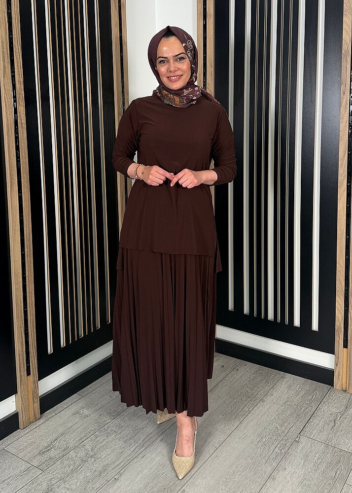 StudioNish Eteği Pliseli Bluzlu Takım KAHVE