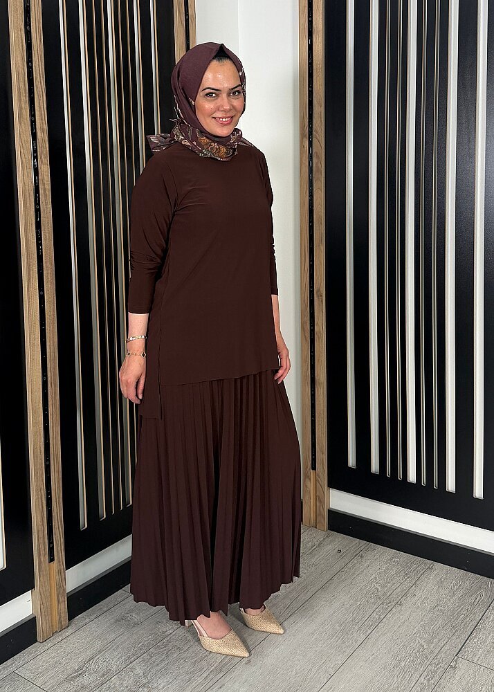 StudioNish Eteği Pliseli Bluzlu Takım KAHVE - 3