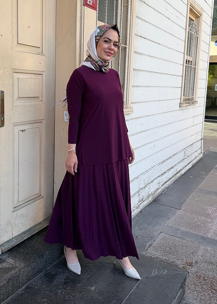 StudioNish Eteği Pliseli Bluzlu Takım MÜRDÜM - 4