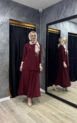 Afili Eteği Pliseli Büyük Tunik Takım BORDO 