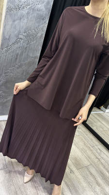 Afili Eteği Pliseli Büyük Tunik Takım KAHVE - 3