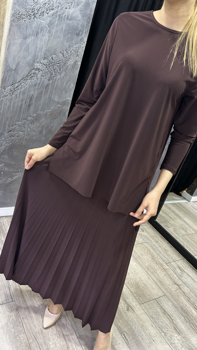 Afili Eteği Pliseli Büyük Tunik Takım KAHVE - 3