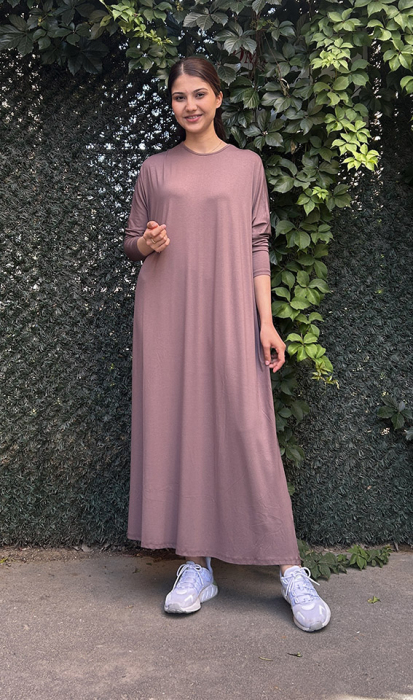 Afilli Dar Yarasa Bilek Boy Elbise KAHVE - 2
