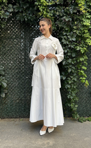 Bey's Design Broş Detaylı Elbise EKRU - 2