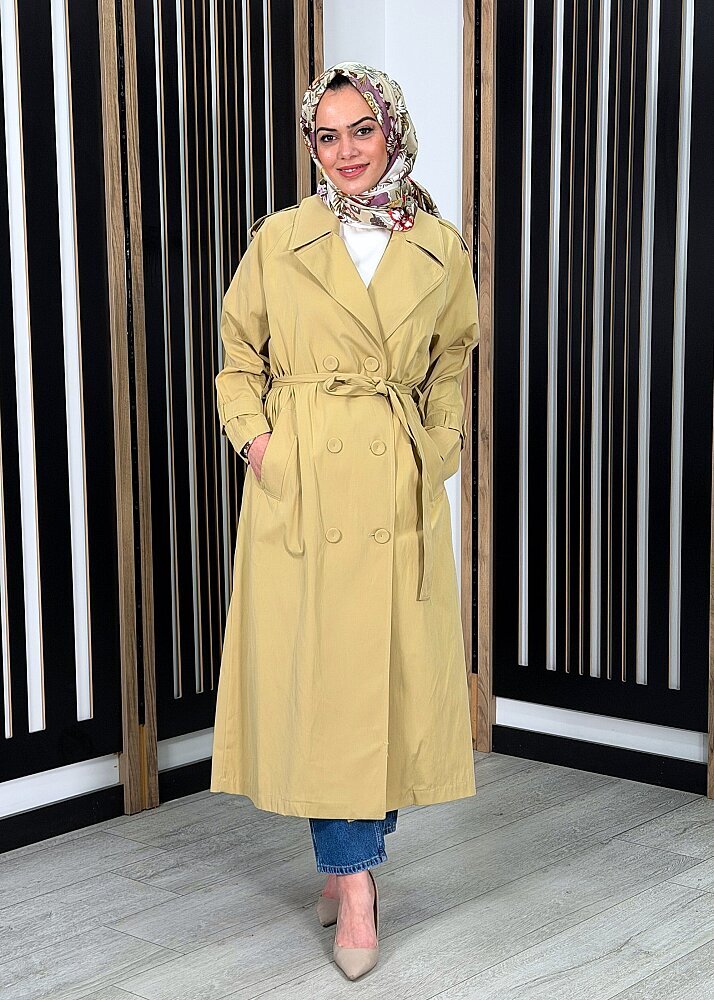 Ceremony Alleri Düğme Detaylı Kruvaze Pamuk Trençkot Bal Köpüğü