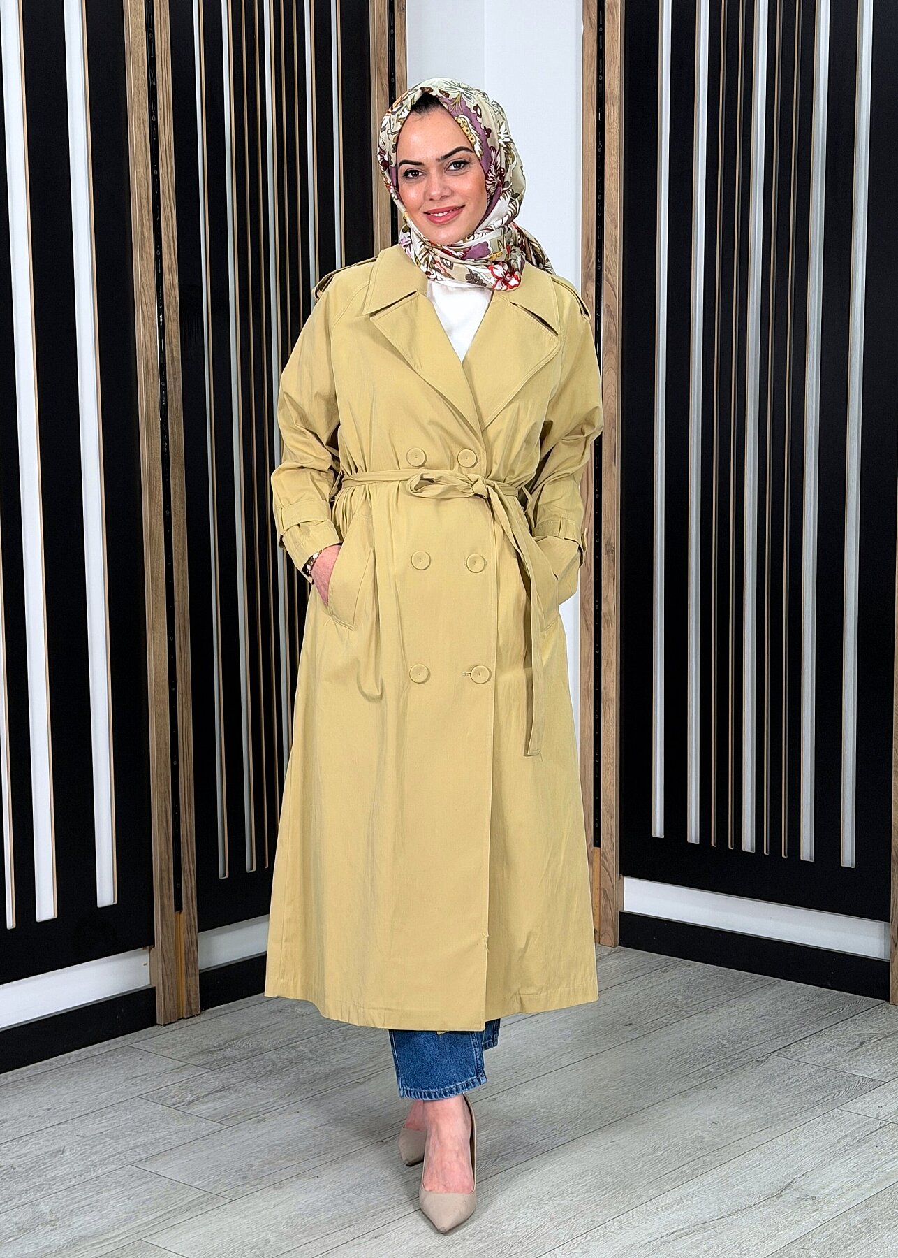 Ceremony Alleri Düğme Detaylı Kruvaze Pamuk Trençkot Bal Köpüğü - 1