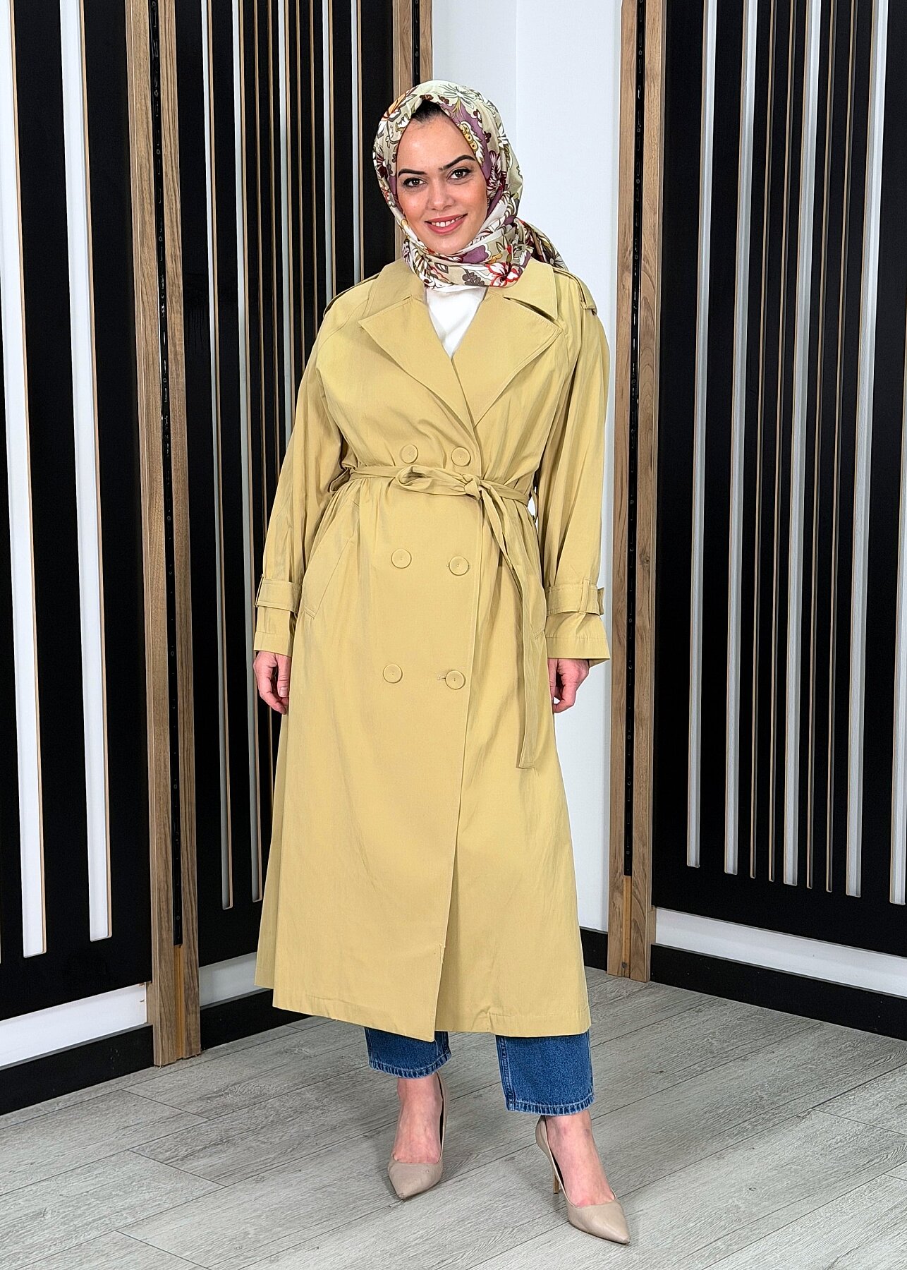 Ceremony Alleri Düğme Detaylı Kruvaze Pamuk Trençkot Bal Köpüğü - 2