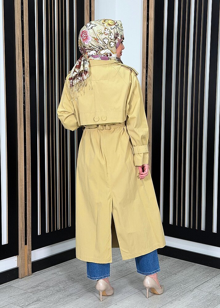 Ceremony Alleri Düğme Detaylı Kruvaze Pamuk Trençkot Bal Köpüğü - 3