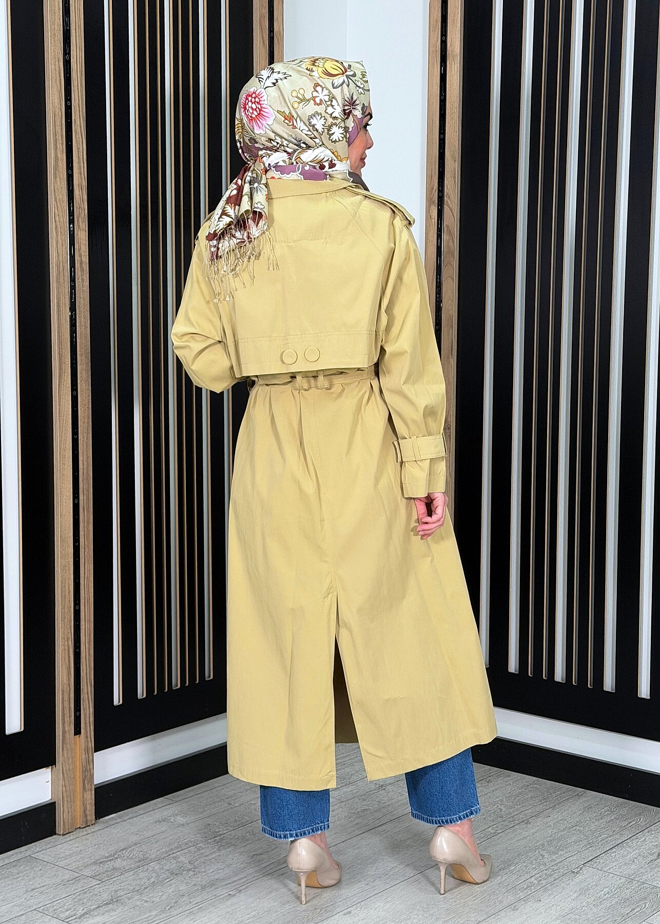 Ceremony Alleri Düğme Detaylı Kruvaze Pamuk Trençkot Bal Köpüğü - 3