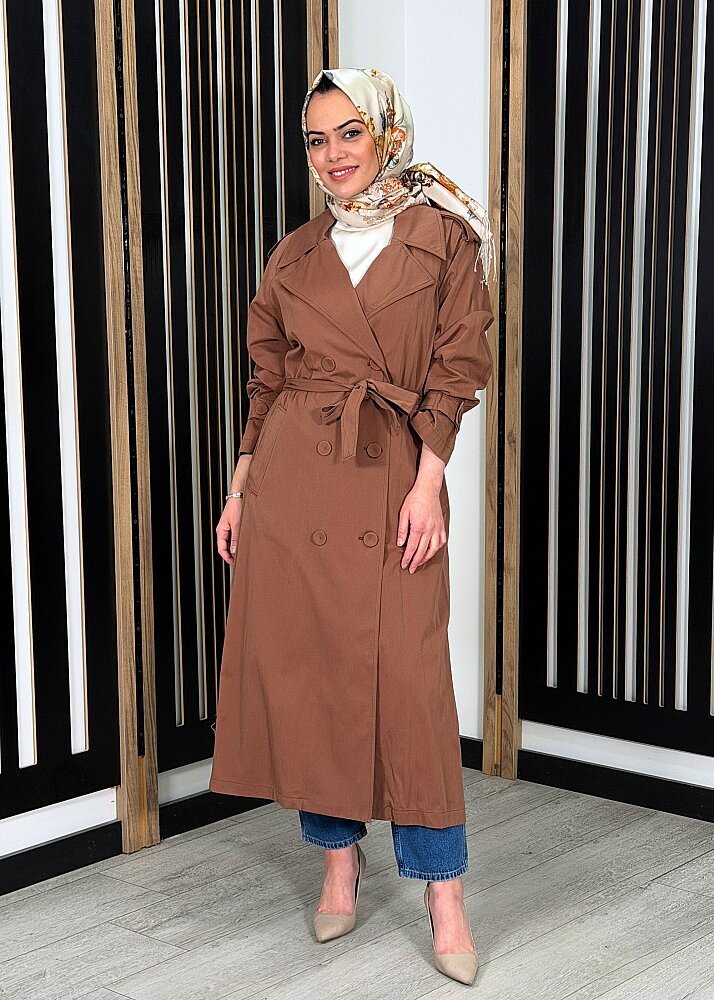 Ceremony Alleri Düğme Detaylı Kruvaze Pamuk Trençkot KAHVERENGİ