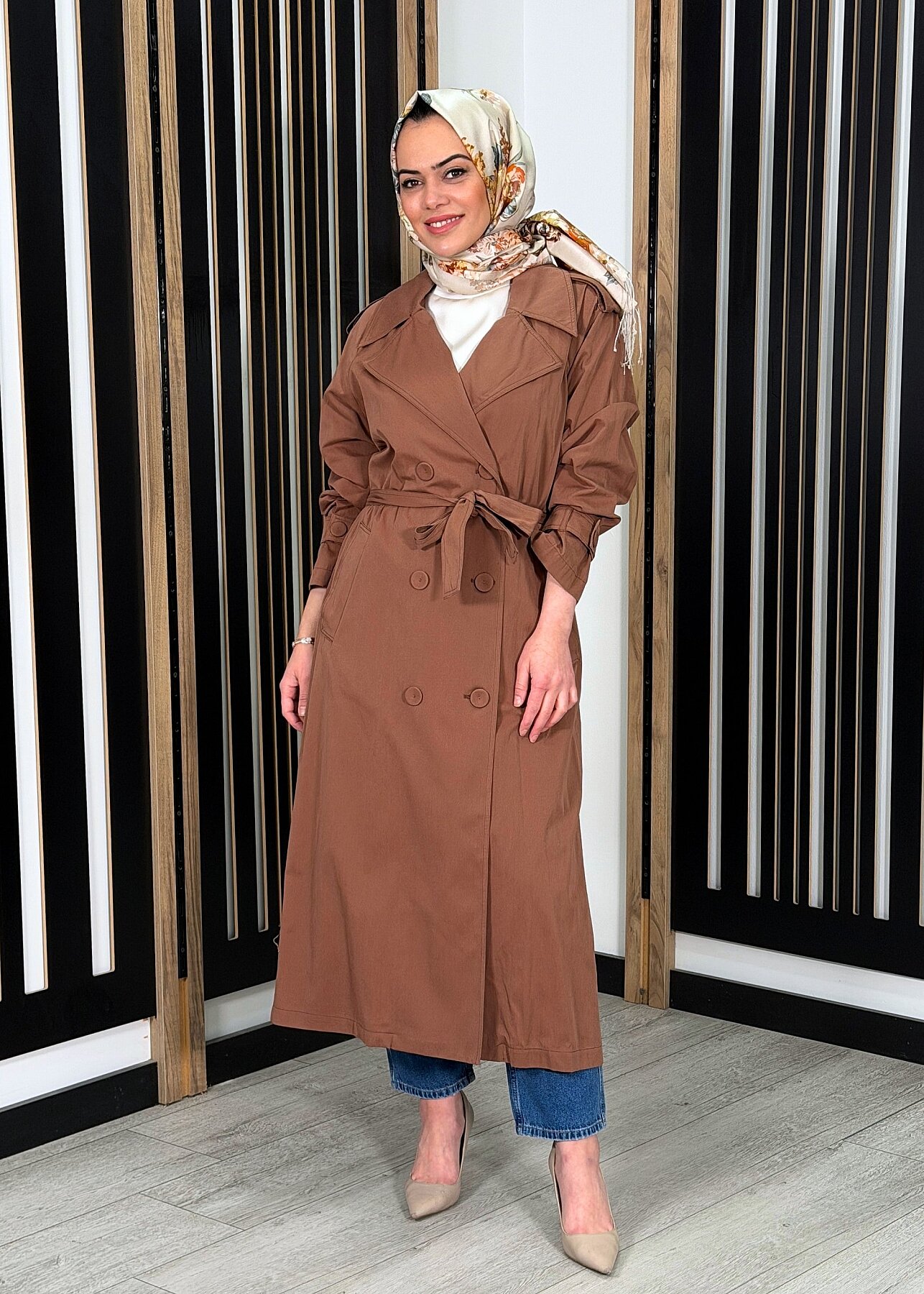 Ceremony Alleri Düğme Detaylı Kruvaze Pamuk Trençkot KAHVERENGİ - 1