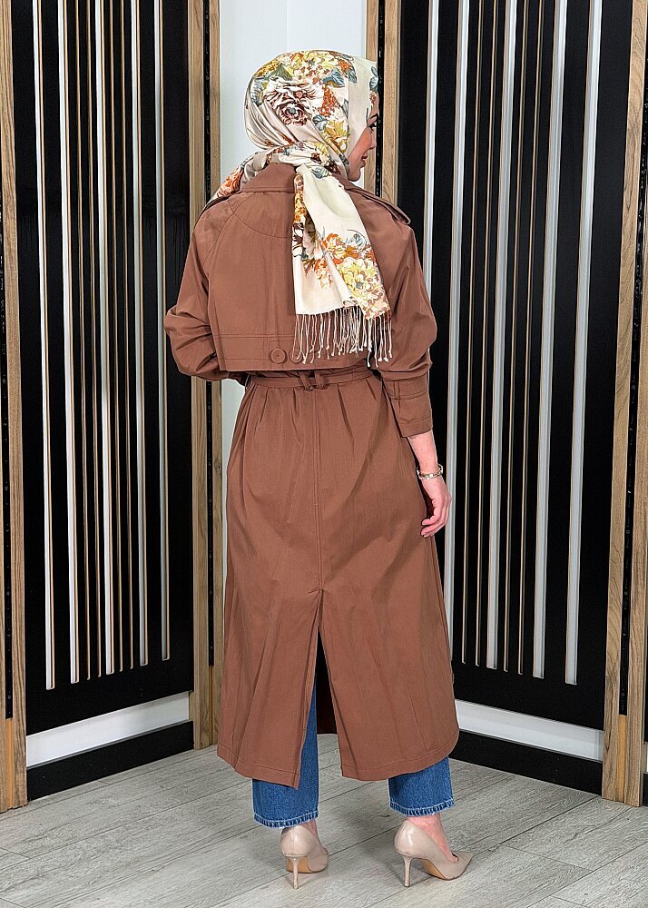 Ceremony Alleri Düğme Detaylı Kruvaze Pamuk Trençkot KAHVERENGİ - 3