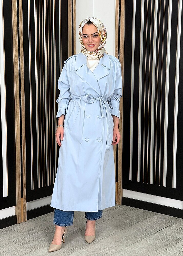 Ceremony Alleri Düğme Detaylı Kruvaze Pamuk Trençkot MAVİ