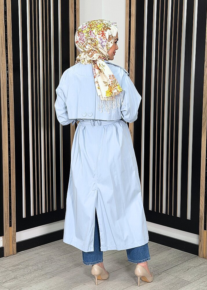 Ceremony Alleri Düğme Detaylı Kruvaze Pamuk Trençkot MAVİ - 3