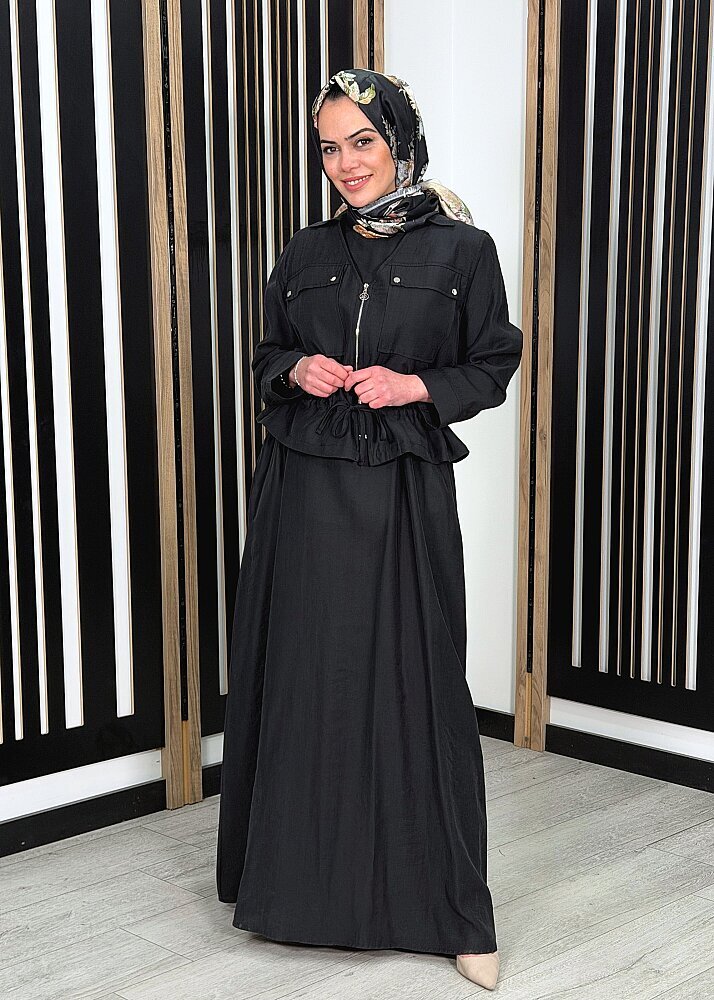 Ceremony Beli Büzgülü ve Fermuar Detaylı Safari Bolerolu Elbise SİYAH