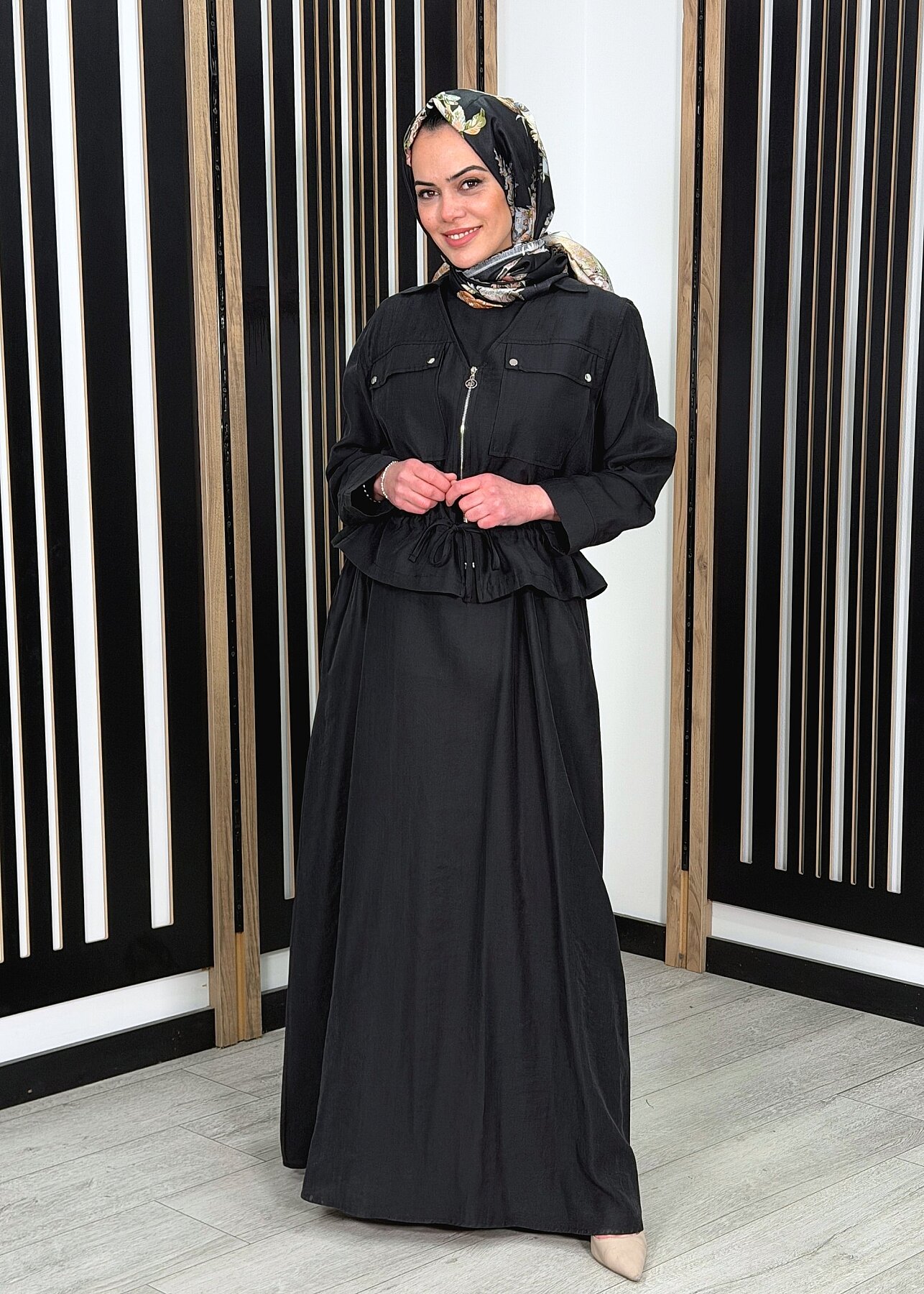 Ceremony Beli Büzgülü ve Fermuar Detaylı Safari Bolerolu Elbise SİYAH - 1