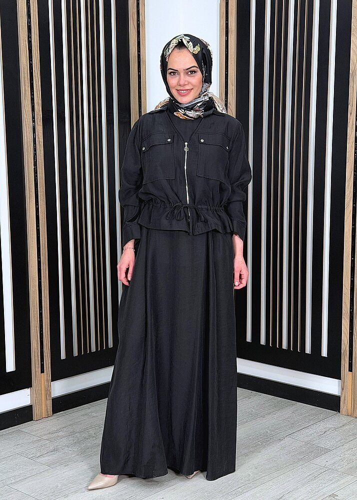 Ceremony Beli Büzgülü ve Fermuar Detaylı Safari Bolerolu Elbise SİYAH - 2