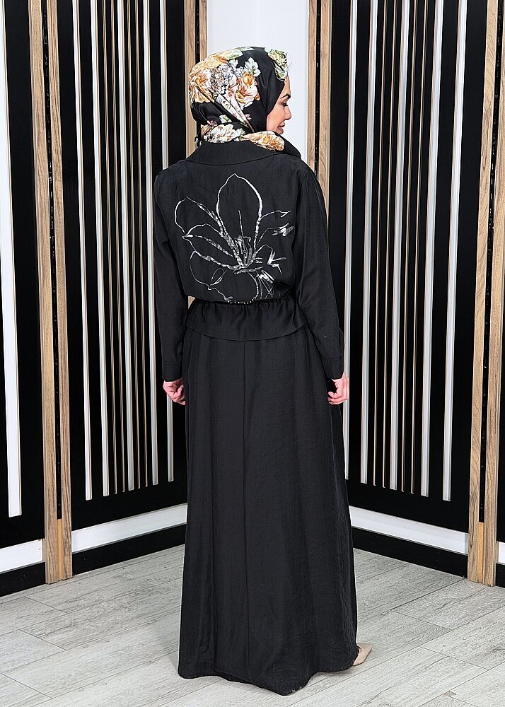 Ceremony Beli Büzgülü ve Fermuar Detaylı Safari Bolerolu Elbise SİYAH - 3