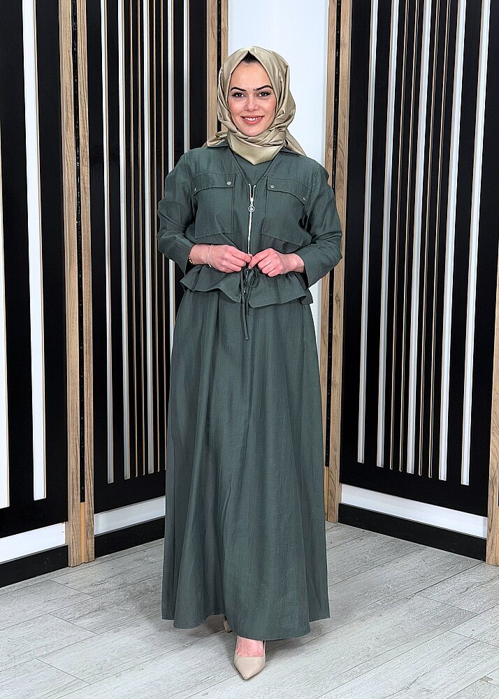 Ceremony Beli Büzgülü ve Fermuar Detaylı Safari Bolerolu Elbise YEŞİL - 2