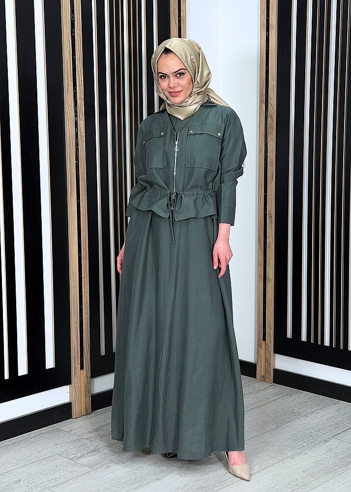 Ceremony Beli Büzgülü ve Fermuar Detaylı Safari Bolerolu Elbise YEŞİL