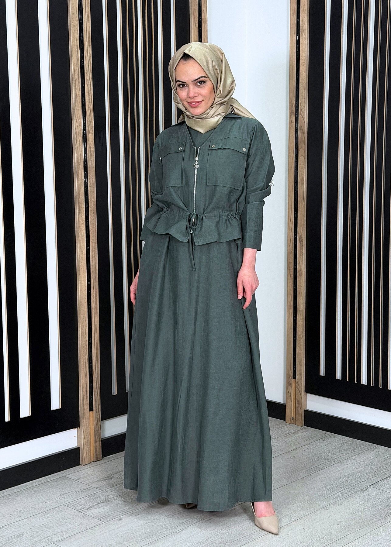 Ceremony Beli Büzgülü ve Fermuar Detaylı Safari Bolerolu Elbise YEŞİL - 1