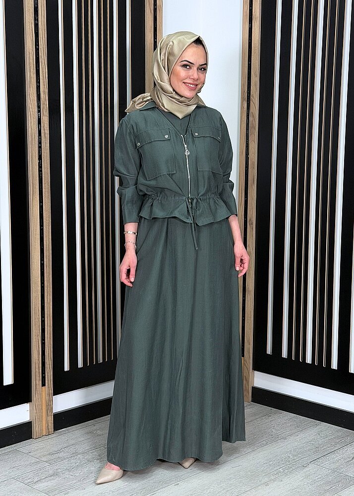 Ceremony Beli Büzgülü ve Fermuar Detaylı Safari Bolerolu Elbise YEŞİL - 3