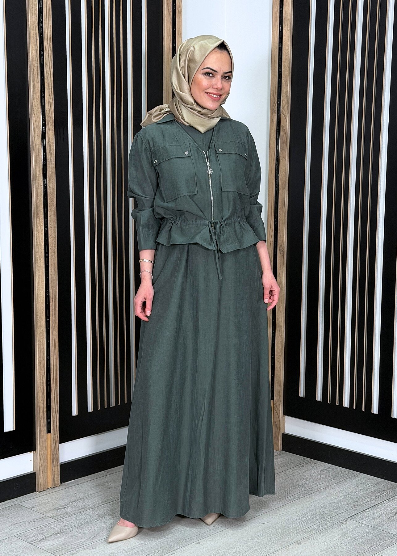 Ceremony Beli Büzgülü ve Fermuar Detaylı Safari Bolerolu Elbise YEŞİL - 3