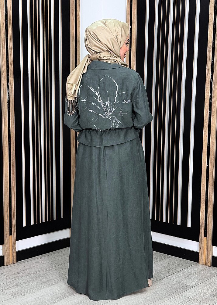 Ceremony Beli Büzgülü ve Fermuar Detaylı Safari Bolerolu Elbise YEŞİL - 4