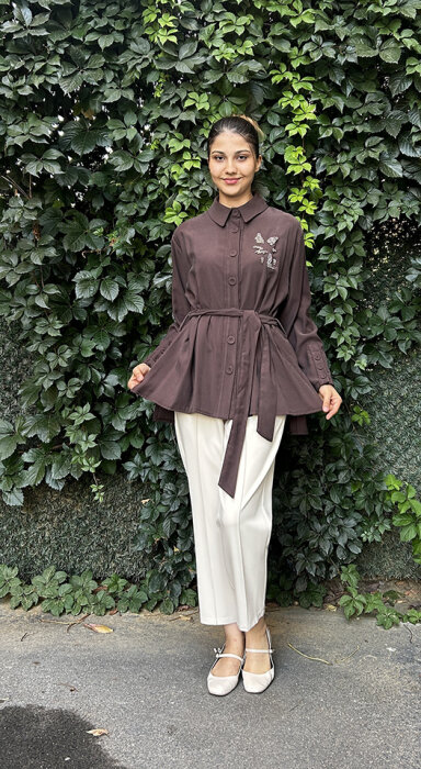 Ceremony Beli Kuşaklı Boncuk İşlemeli Oversize Ceket KAHVERENGİ - 1