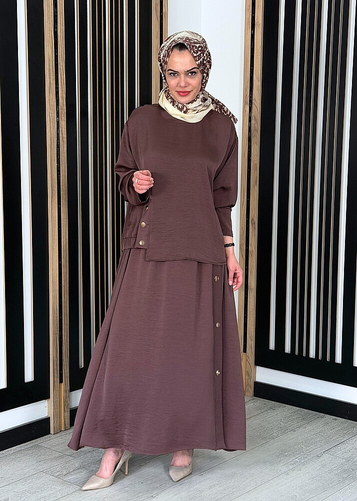 Ceremony Bluzu ve Eteği Çıtçıt Aksesuar Detaylı Sapphire Takım KAHVE