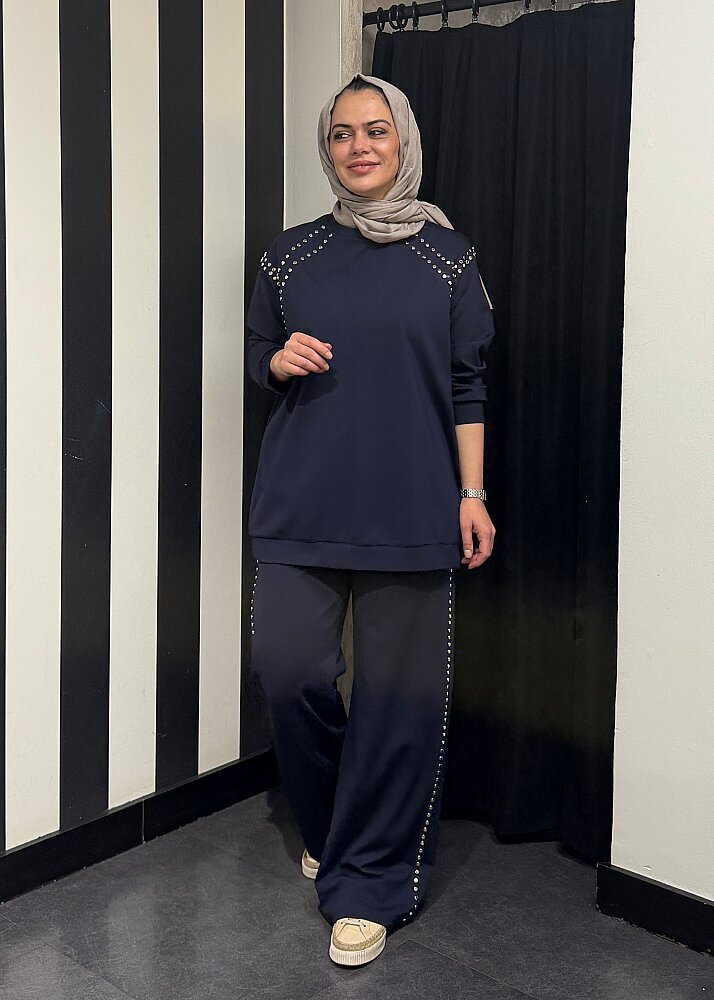 Ceremony Bluzu Ve Pantolonu Çakma Detaylı Luna Takım LACİVERT