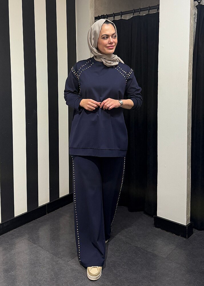 Ceremony Bluzu Ve Pantolonu Çakma Detaylı Luna Takım LACİVERT - 5