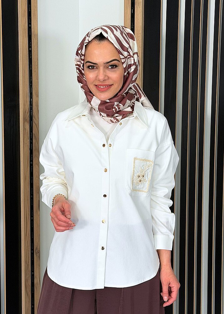 Ceremony Cebi Çiçek Nakış Detaylı Çıtçıtlı Bluz EKRU - 3