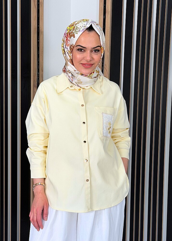 Ceremony Cebi Çiçek Nakış Detaylı Çıtçıtlı Bluz SARI - 3