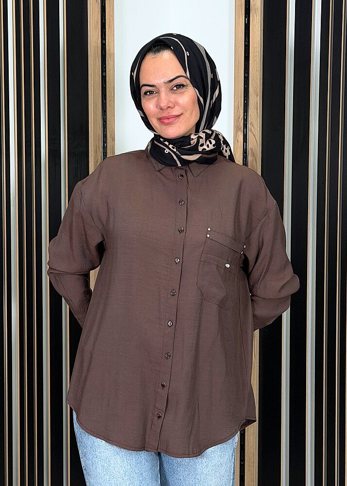 Ceremony Cebi İşleme Detaylı Önden Tahta Düğmeli Gömlek KAHVE