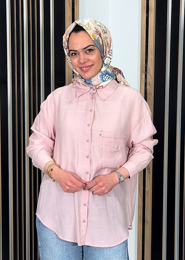 Ceremony Cebi İşleme Detaylı Önden Tahta Düğmeli Gömlek PEMBE