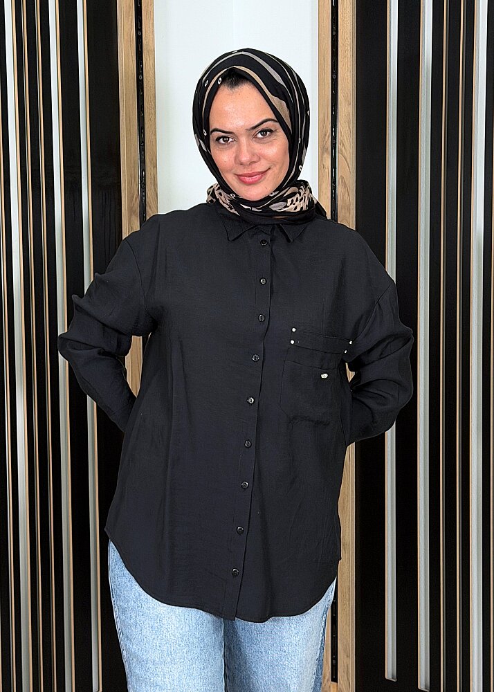 Ceremony Cebi İşleme Detaylı Önden Tahta Düğmeli Gömlek SİYAH