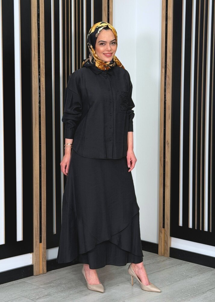 Ceremony Cebi ve Eteği Lase İşlemeli Tencel Etekli Takım SİYAH