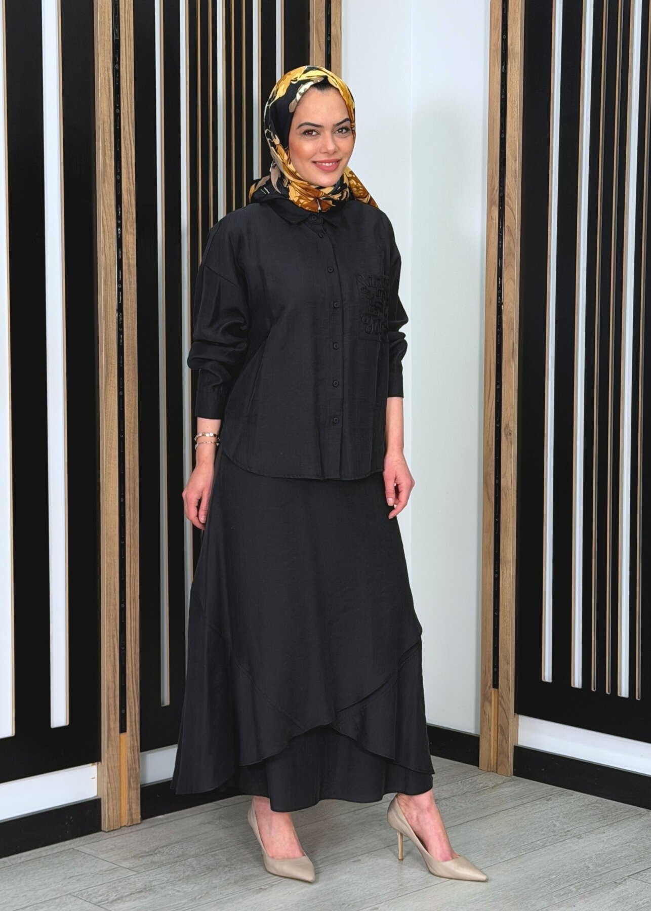 Ceremony Cebi ve Eteği Lase İşlemeli Tencel Etekli Takım SİYAH - 1