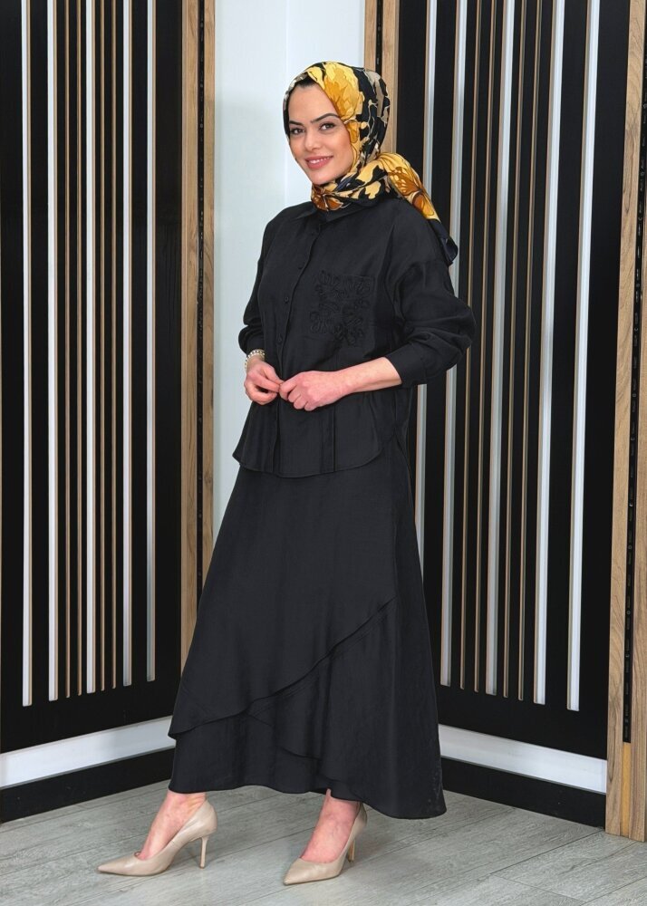 Ceremony Cebi ve Eteği Lase İşlemeli Tencel Etekli Takım SİYAH - 2