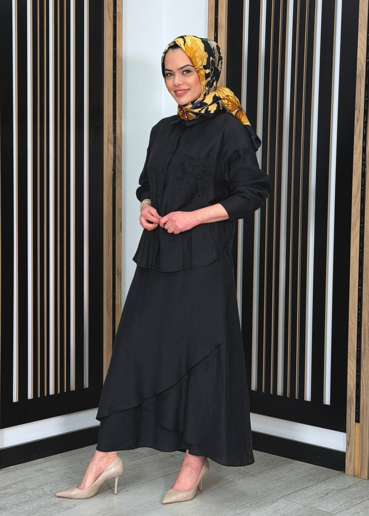 Ceremony Cebi ve Eteği Lase İşlemeli Tencel Etekli Takım SİYAH - 2