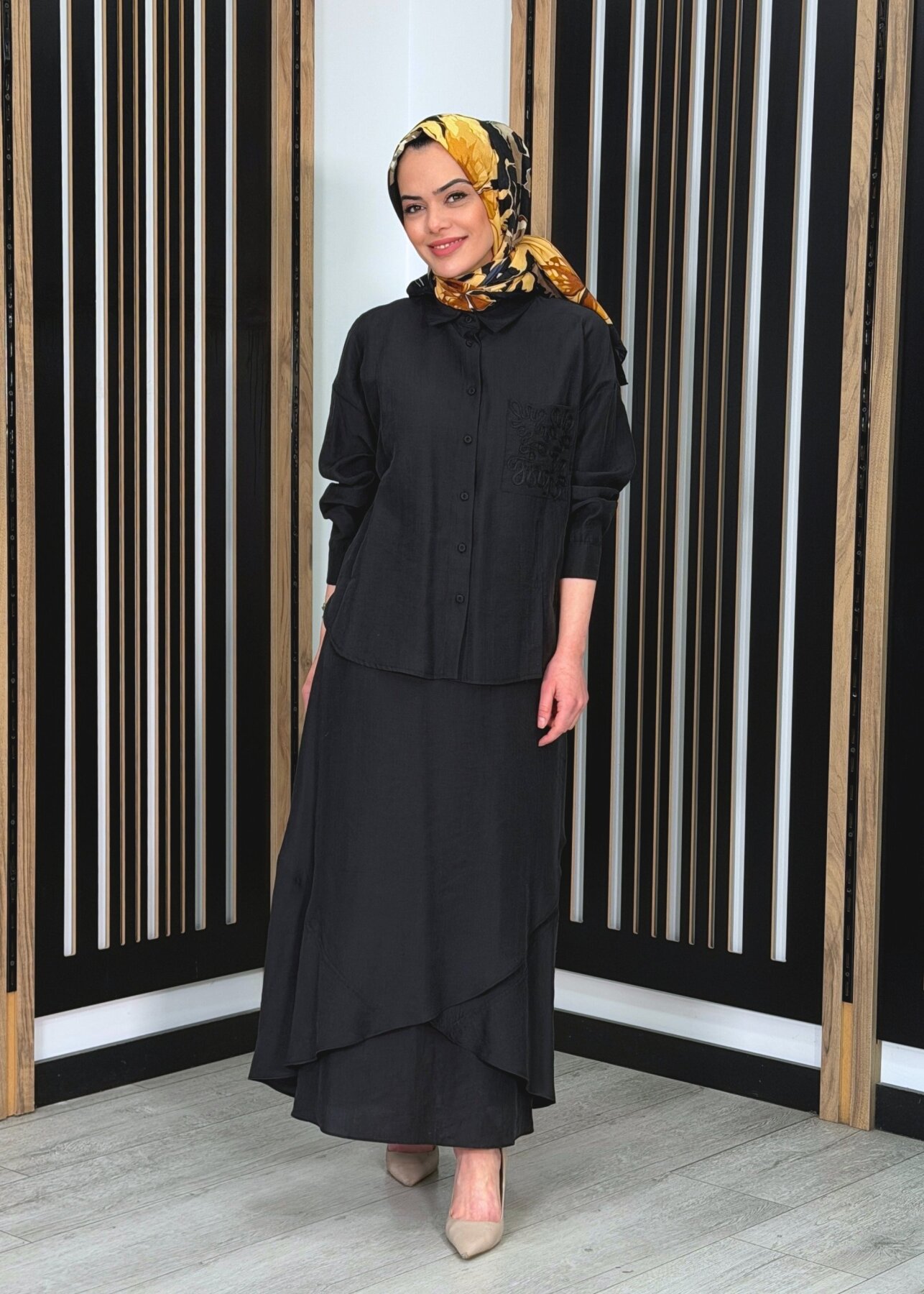 Ceremony Cebi ve Eteği Lase İşlemeli Tencel Etekli Takım SİYAH - 3