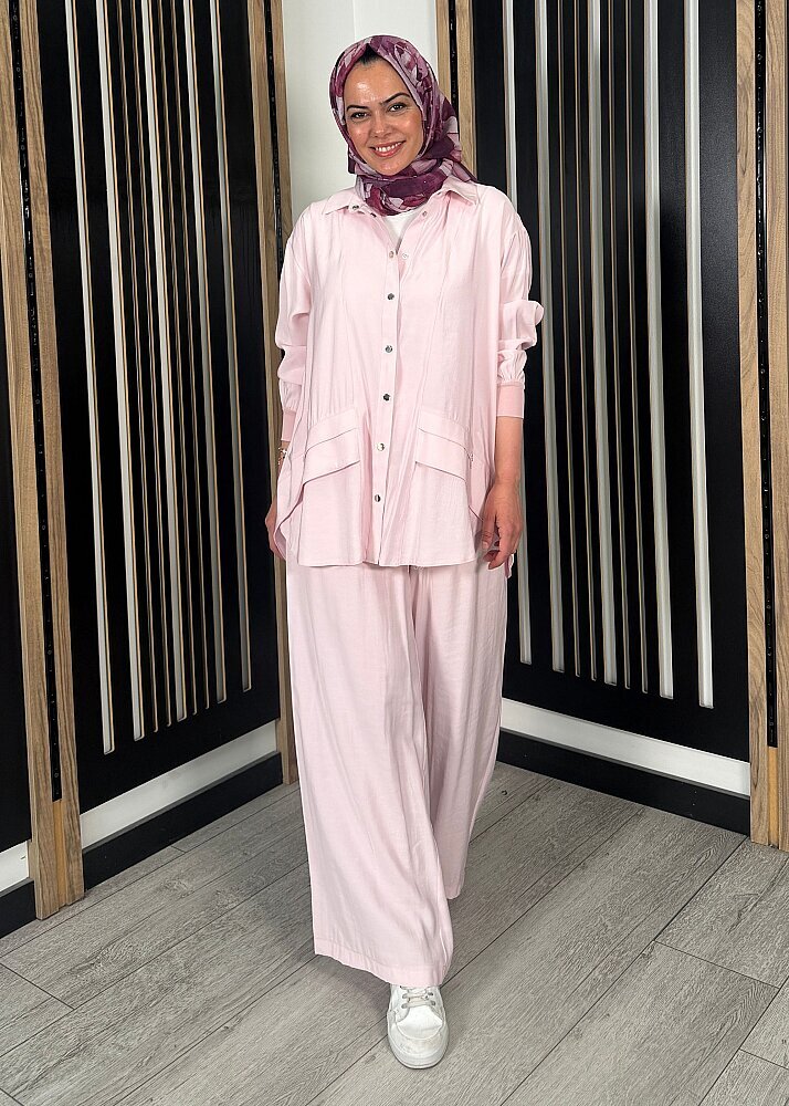Ceremony Cep Kapakları Taş İşlemeli Modal Pantolonlu Takım PEMBE