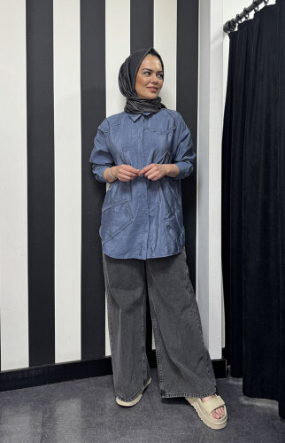 Ceremony Düğmeli Uzun Kollu Dekoratif Dikişli Gömlek İNDİGO 