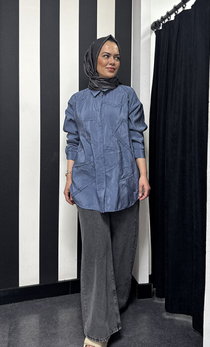 Ceremony Düğmeli Uzun Kollu Dekoratif Dikişli Gömlek İNDİGO - 2