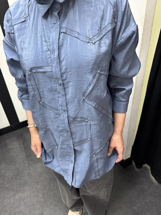 Ceremony Düğmeli Uzun Kollu Dekoratif Dikişli Gömlek İNDİGO - 3