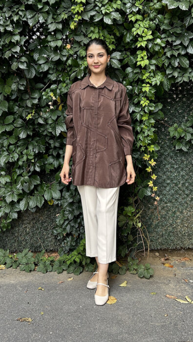 Ceremony Düğmeli Uzun Kollu Dekoratif Dikişli Gömlek KAHVERENGİ - 1