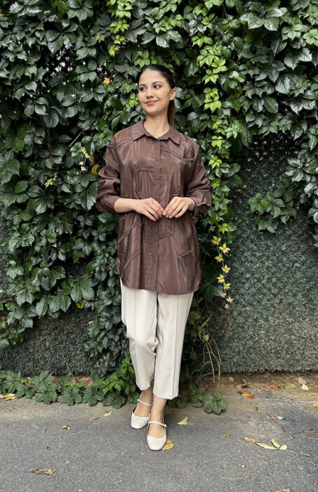 Ceremony Düğmeli Uzun Kollu Dekoratif Dikişli Gömlek KAHVERENGİ - 2