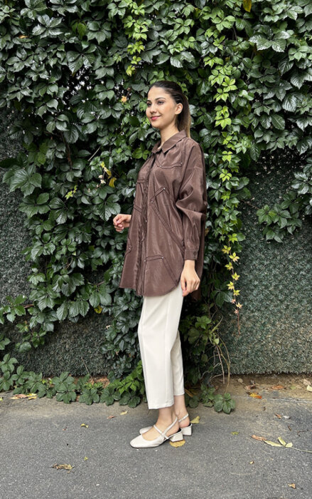 Ceremony Düğmeli Uzun Kollu Dekoratif Dikişli Gömlek KAHVERENGİ - 3