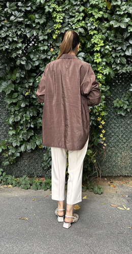 Ceremony Düğmeli Uzun Kollu Dekoratif Dikişli Gömlek KAHVERENGİ - 4